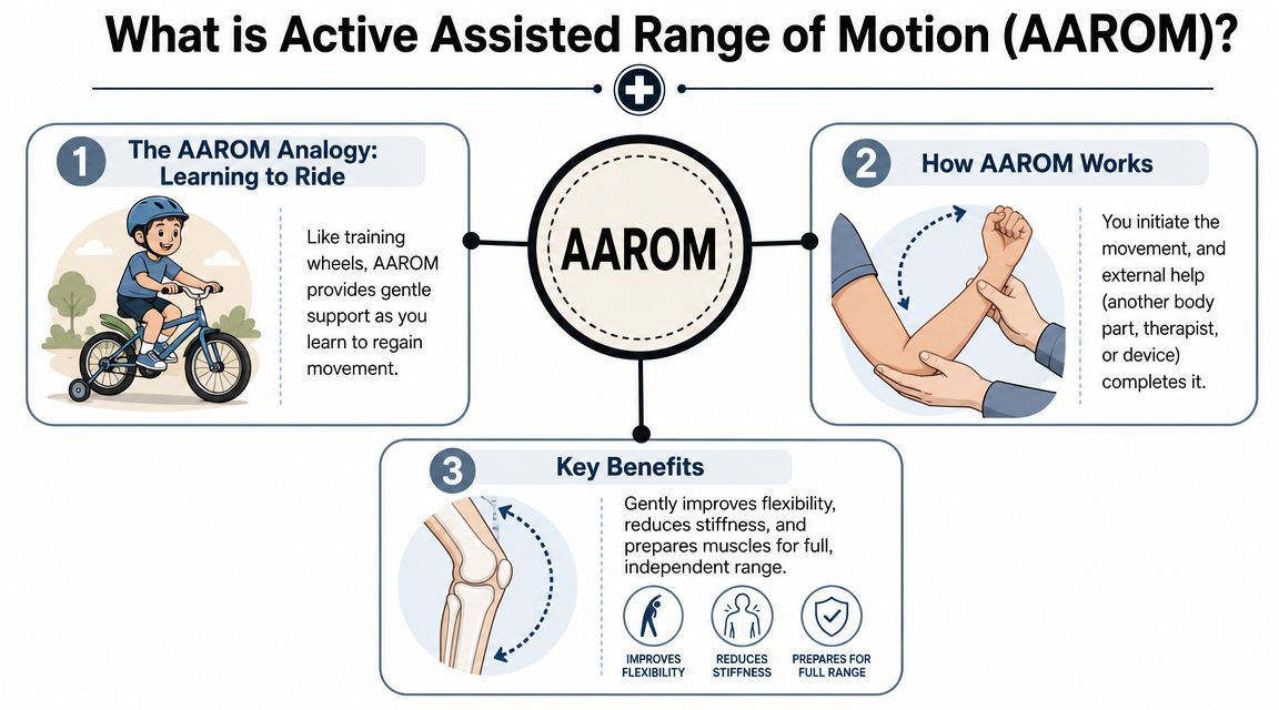 An infographic explaining active assisted range of motion with analogies, methodology, and key health benefits.