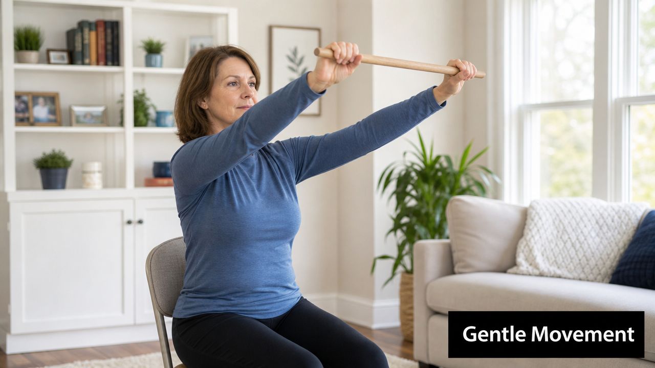A middle-aged woman performs a shoulder mobility exercise while sitting on a chair holding a wooden dowel.