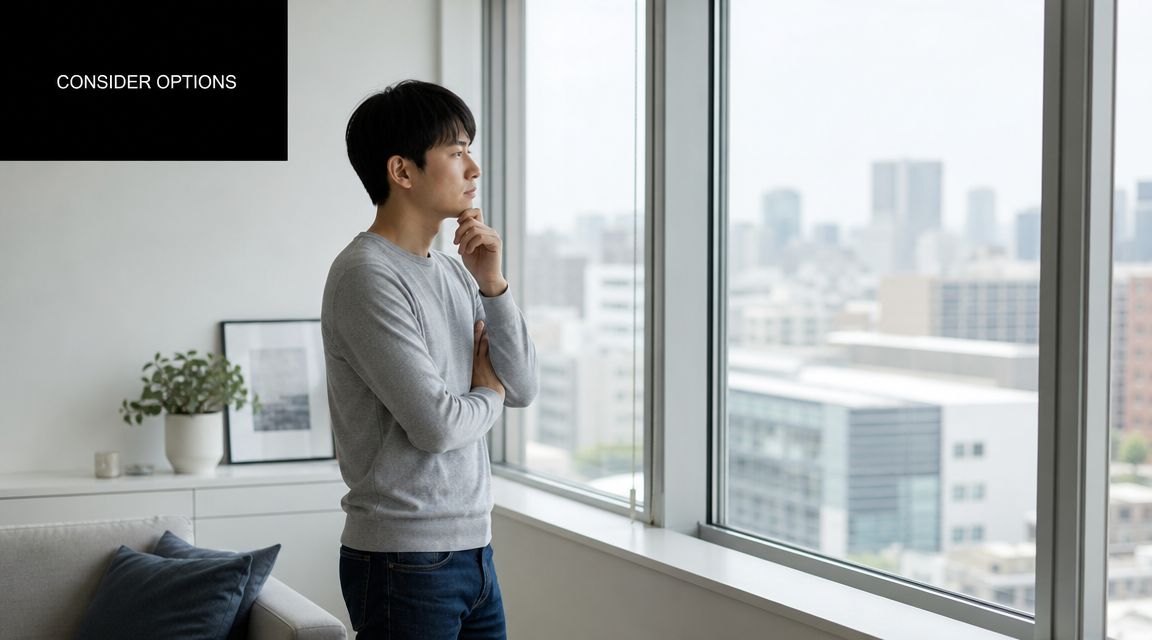 A contemplative young man looking out of a large office window at the city skyline.