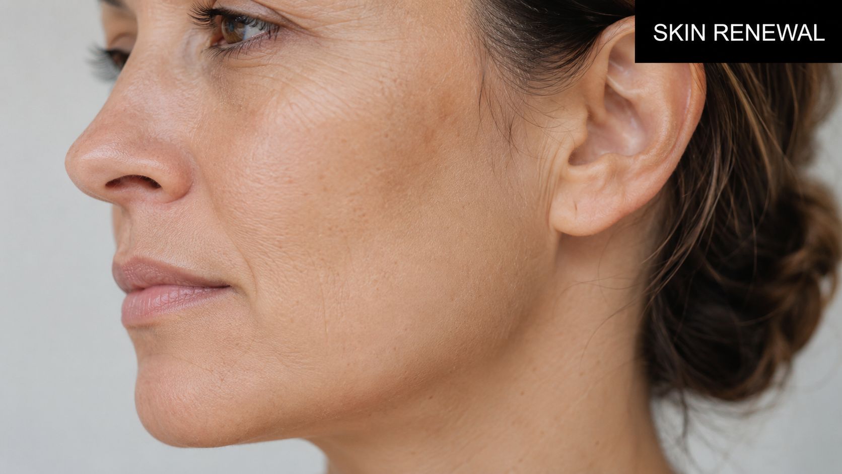 A close-up profile view of a woman's face highlighting skin texture, wrinkles, and pigmentation for rejuvenation treatments.