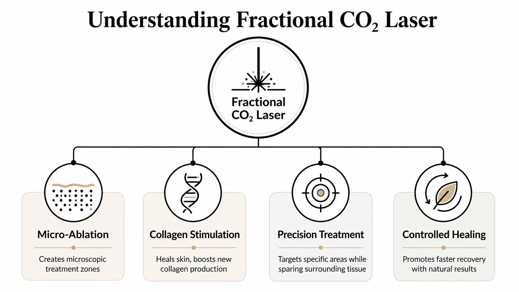 An infographic titled Understanding Fractional CO2 Laser detailing four key benefits: micro-ablation, collagen stimulation, precision treatment, and controlled healing.