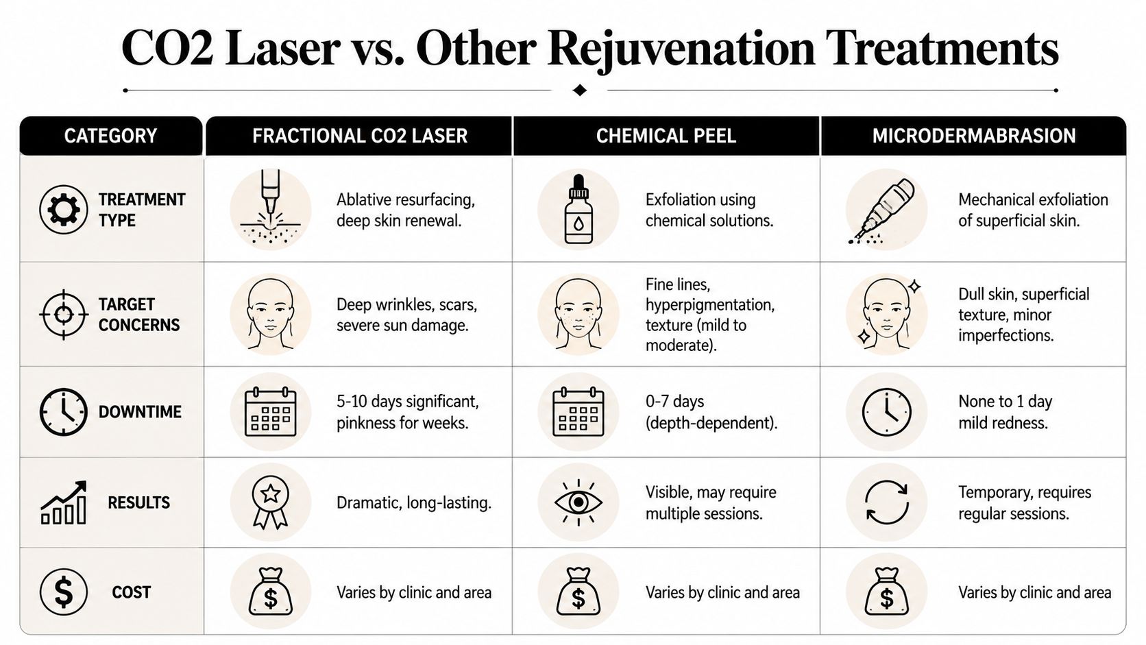 A comparison chart outlining the differences between fractional CO2 laser, chemical peel, and microdermabrasion skin treatments.