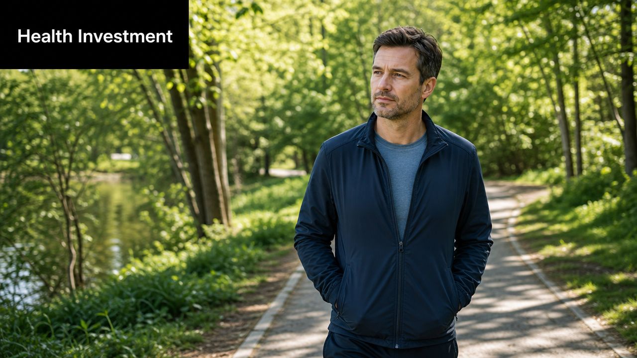 A middle-aged man wearing a dark jacket walking along a scenic path in a green forest.