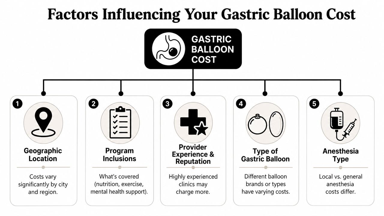 An infographic titled Factors Influencing Your Gastric Balloon Cost detailing five key elements affecting the final price.