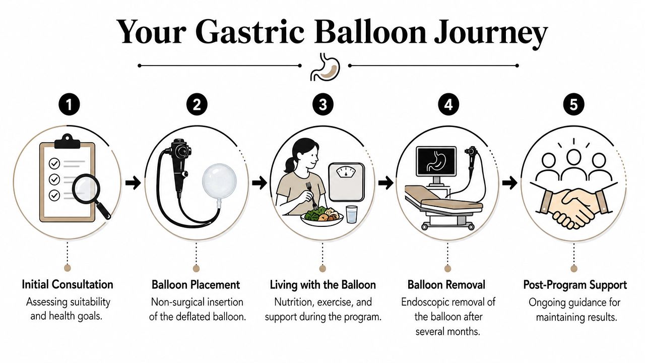 An infographic showing the five steps of a gastric balloon journey from consultation to post-program support.