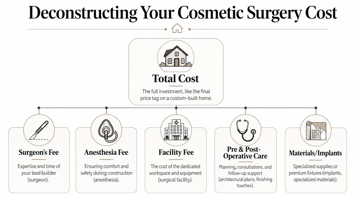 An infographic illustrating the different components that make up the total cost of cosmetic surgery.