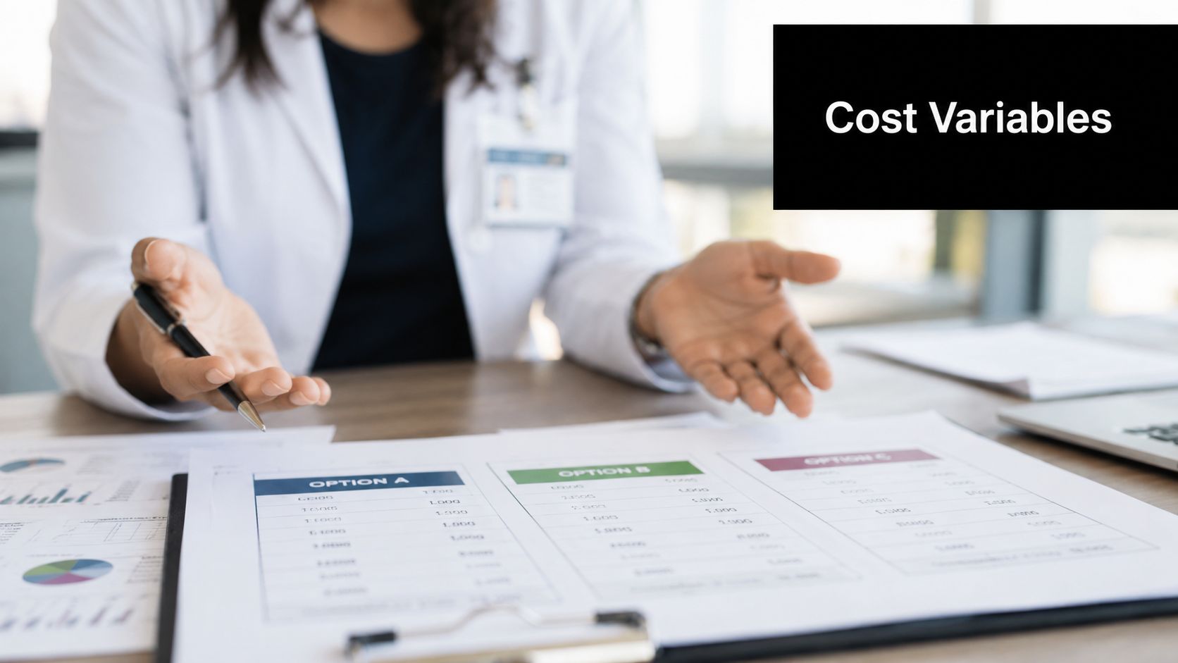 A healthcare professional explaining a cost comparison chart with three different options to a patient.