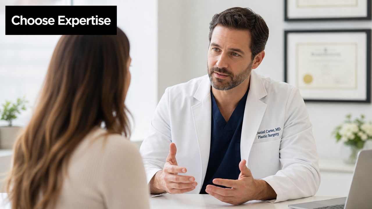 A plastic surgeon discusses treatment options with a female patient during a medical consultation in his office.