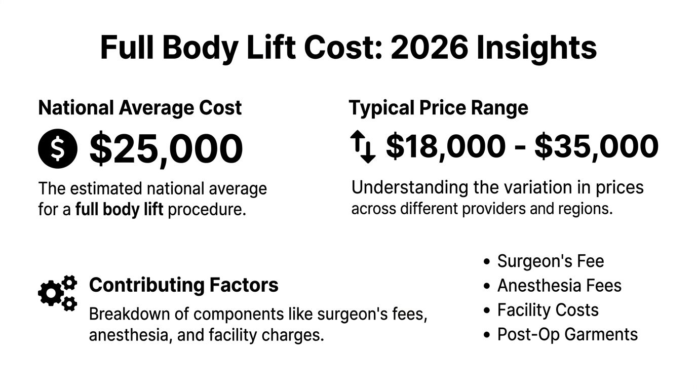 An infographic showing the national average cost and typical price range for a full body lift procedure.