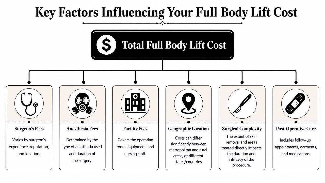 An infographic detailing the various cost factors that influence the total price of a full body lift.