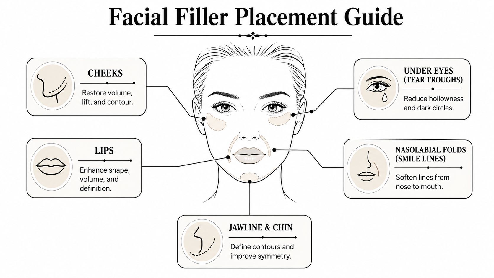 A diagram illustrating common areas for facial filler injections including cheeks, lips, jawline, and under eyes.