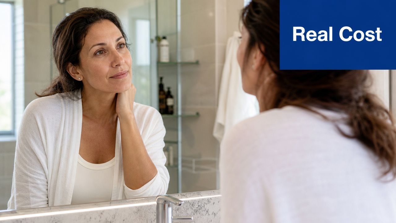 A woman looks at her reflection in the bathroom mirror while considering cosmetic treatment options.