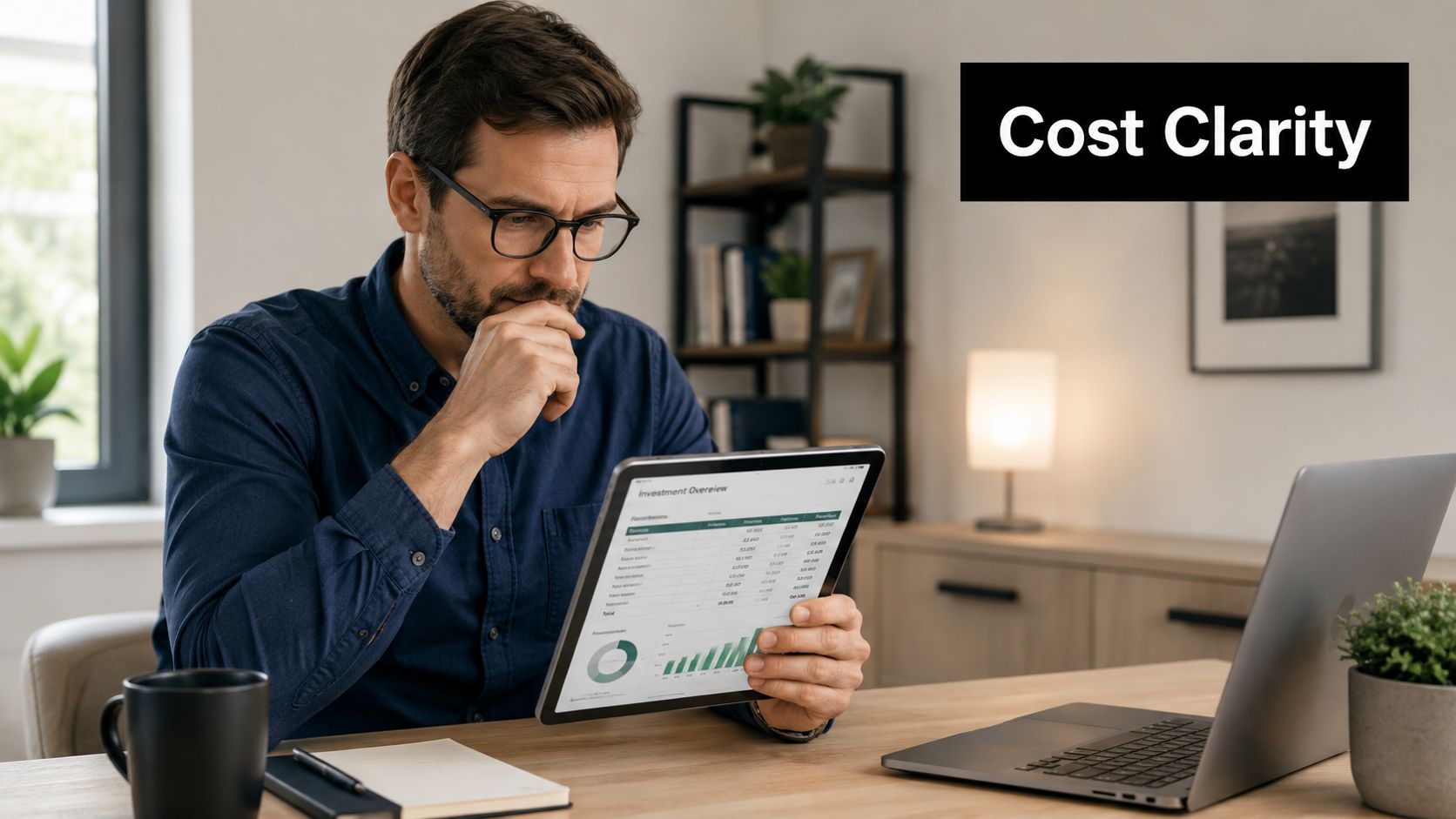 A professional man with glasses sitting at his desk analyzing financial investment data on a digital tablet.