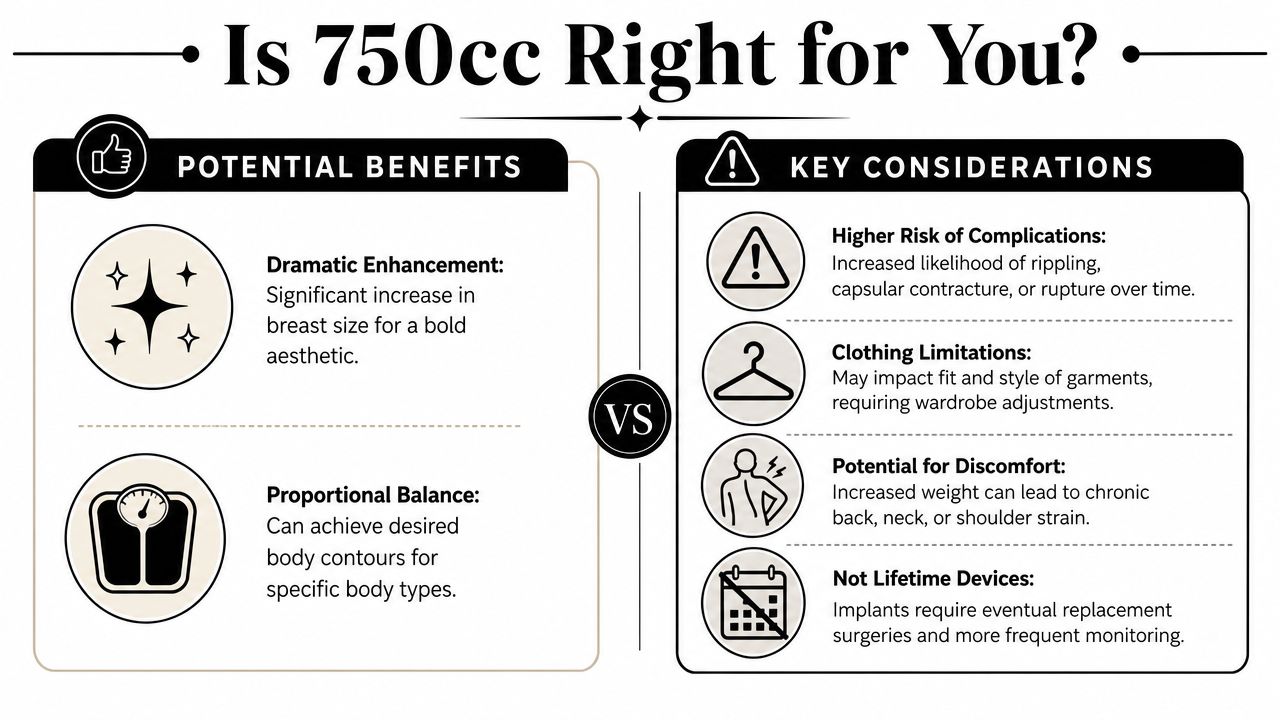 An infographic titled Is 750cc Right for You? detailing the potential benefits and key considerations for large breast implants.
