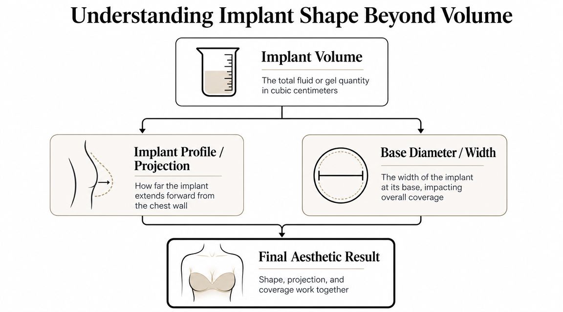 A diagram explaining that 750cc breast implants rely on volume, profile, and base diameter for final shape.