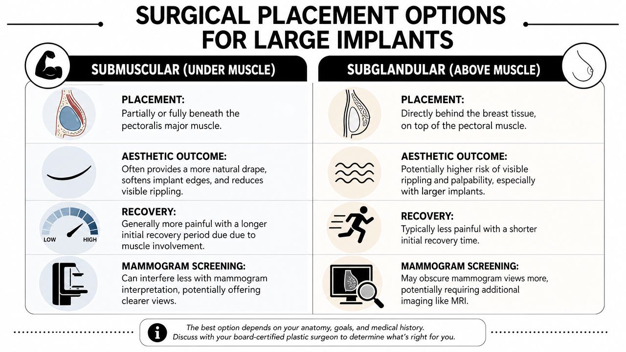 A comparison chart outlining the differences between submuscular and subglandular surgical placement for breast implants.