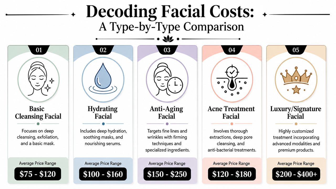 A comparison chart showing the average price ranges for five different types of professional facial treatments.