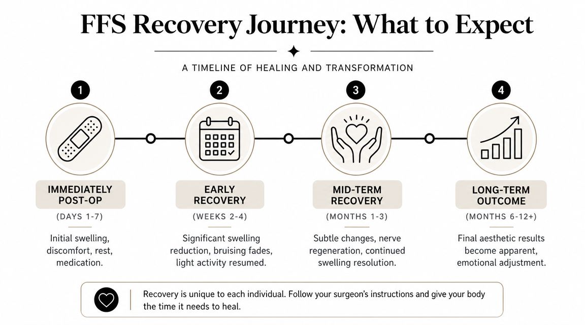 A timeline infographic detailing the stages of facial feminization surgery recovery from post-op to long-term results.