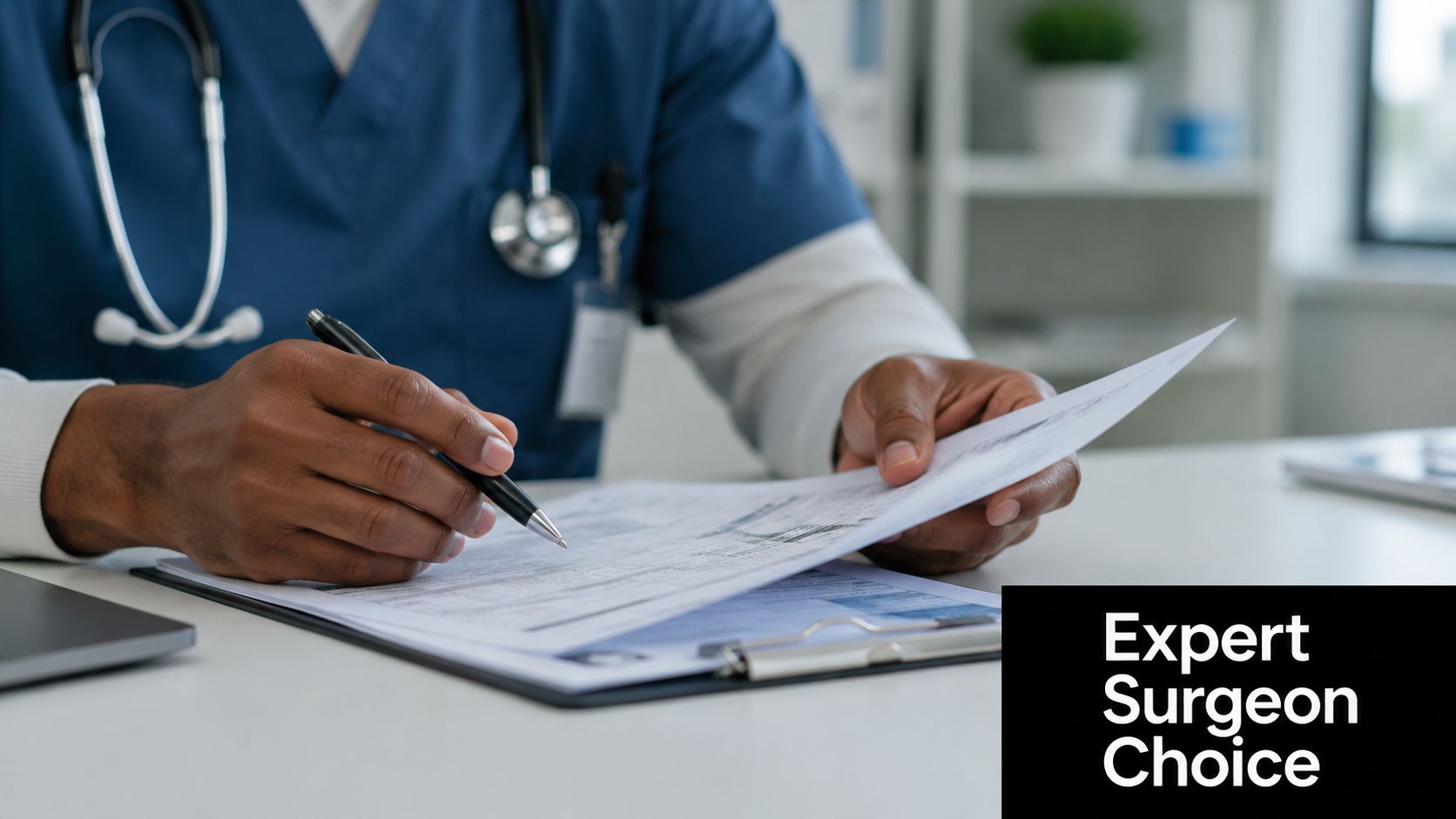 A surgeon in a blue uniform reviews medical documents while holding a pen at a desk.