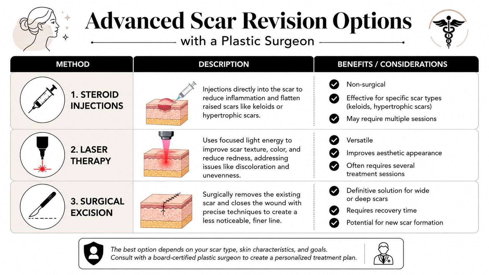An infographic detailing three advanced medical options for scar revision, including steroid injections, laser therapy, and surgery.