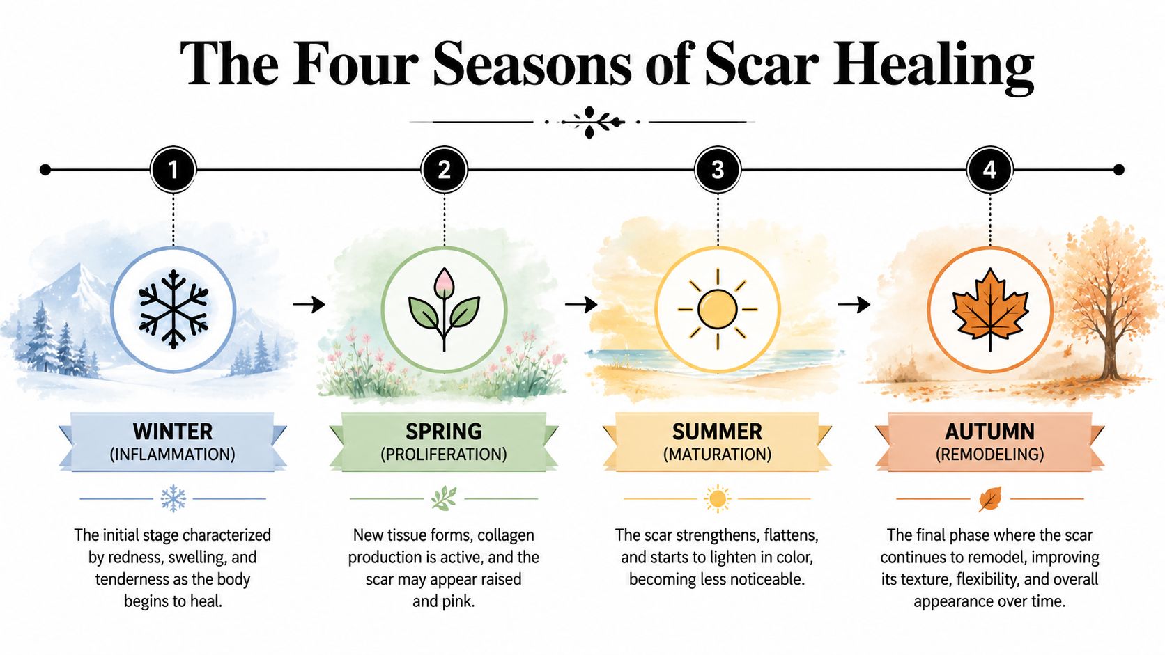 An infographic titled The Four Seasons of Scar Healing illustrating the four stages of wound recovery.