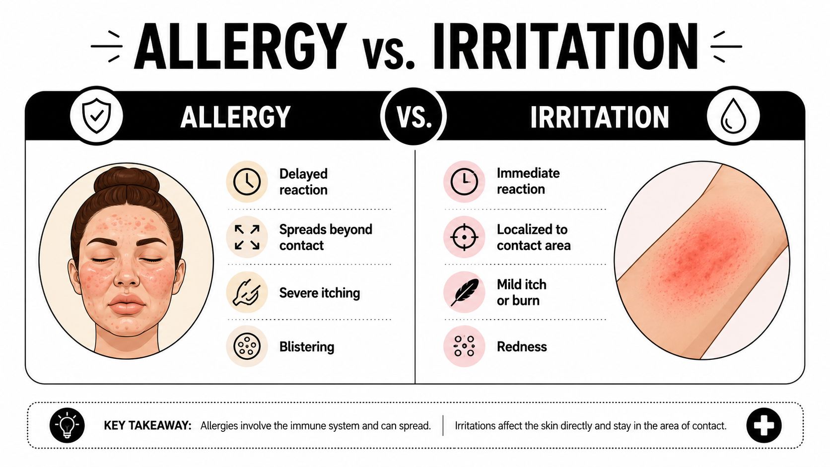 An infographic comparing symptoms of allergic reactions and skin irritation, showing differences in severity and reaction patterns.