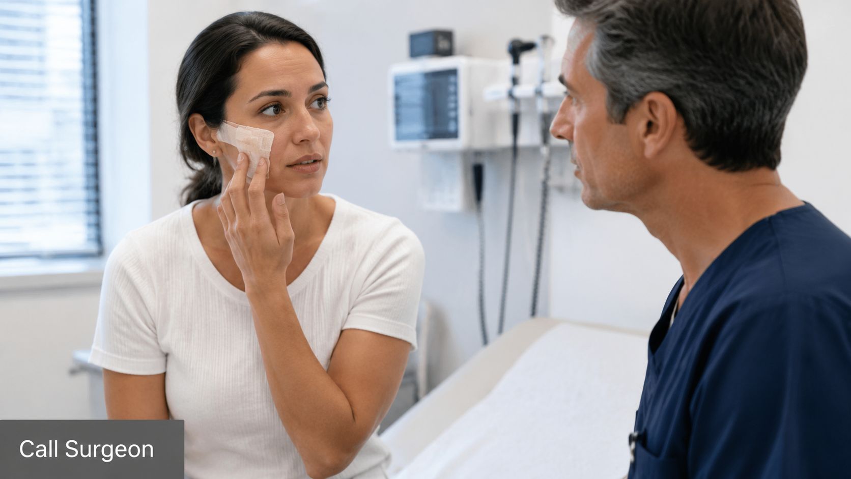 A female patient discussing her facial dressing with a surgeon in a medical examination room.