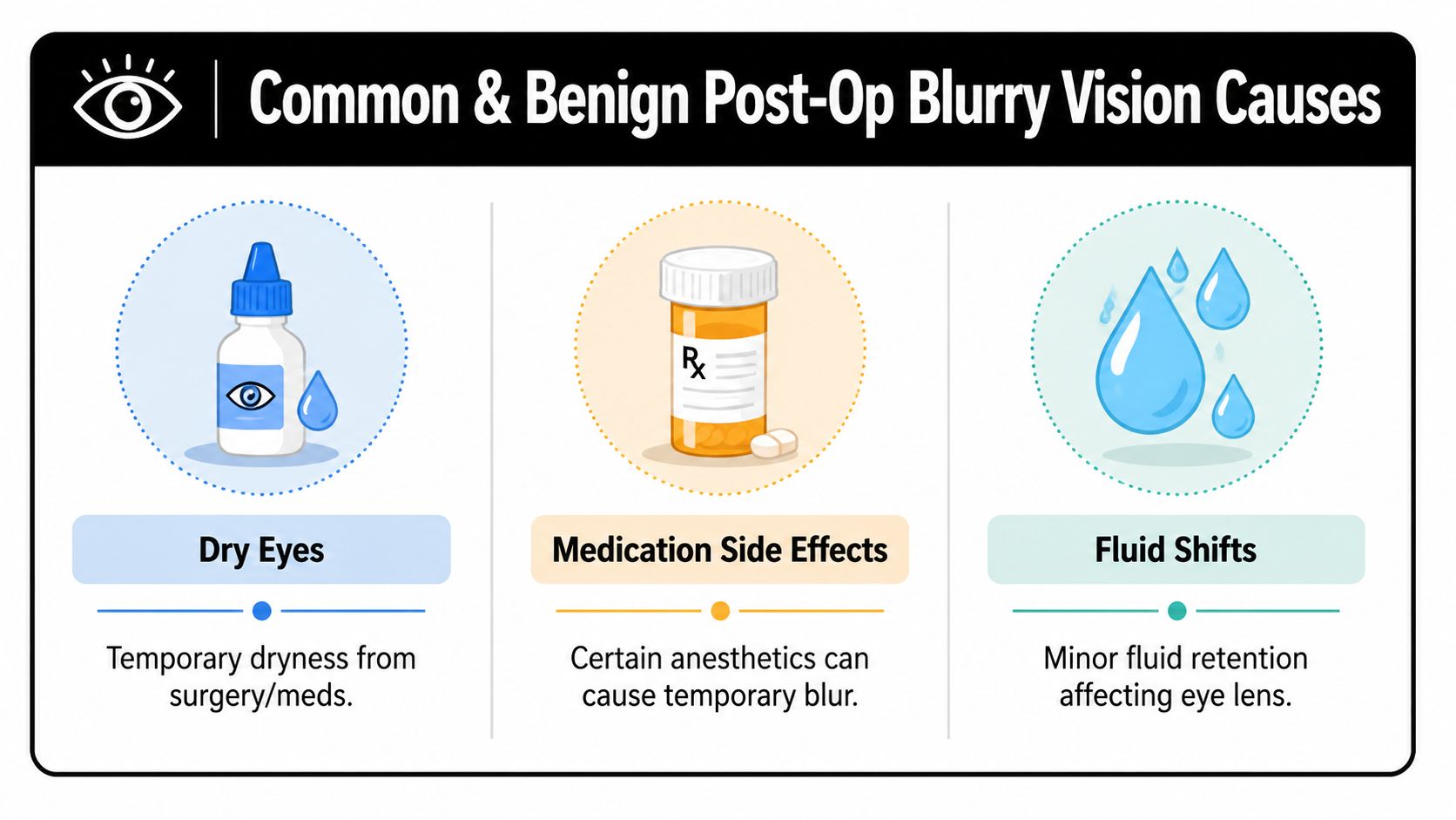 An infographic showing common and benign causes of blurry vision after eye surgery, including dry eyes and anesthesia.