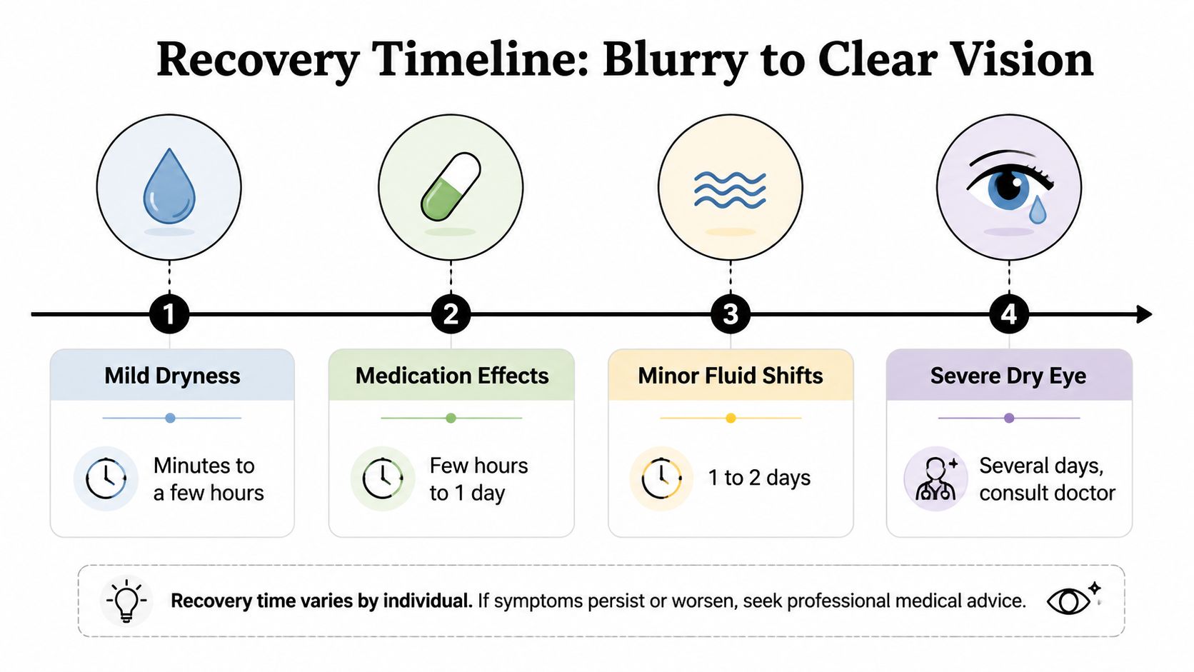 A recovery timeline chart illustrating the progression from mild dryness to severe dry eye following anesthesia.