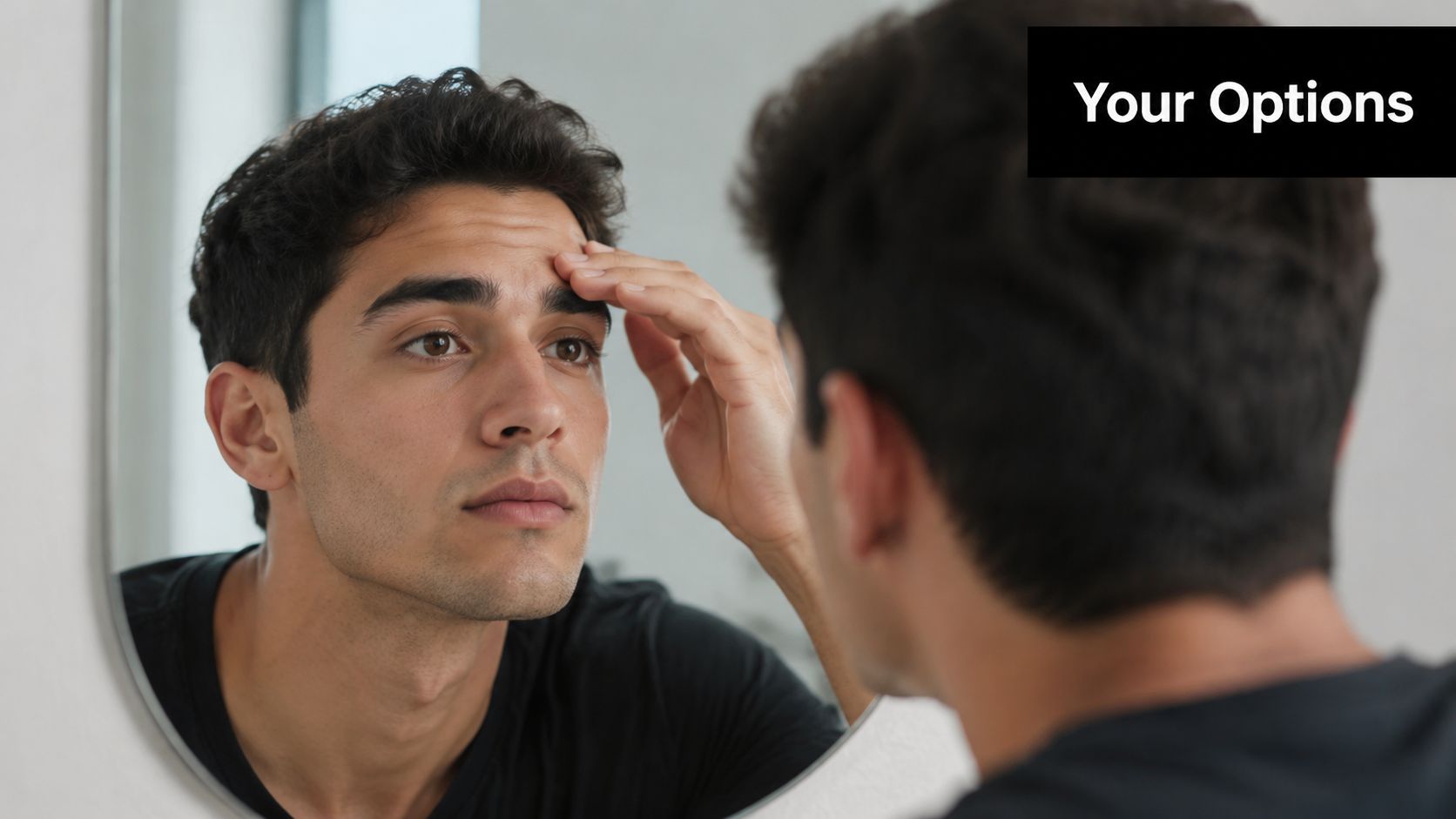 A young man looking into a bathroom mirror and touching his forehead to examine his skin.