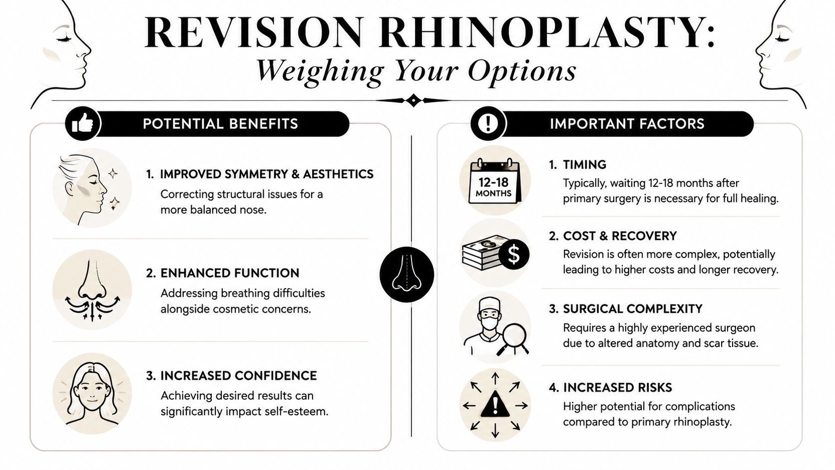An infographic detailing the potential benefits and important considerations for patients considering revision rhinoplasty surgery.
