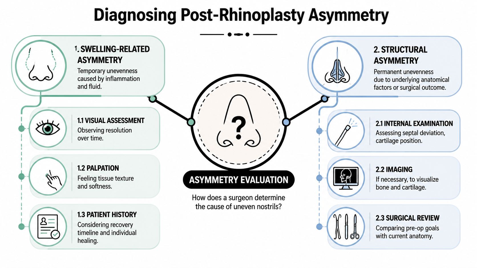 A diagnostic chart illustrating the common causes of uneven nostrils following a rhinoplasty surgical procedure.