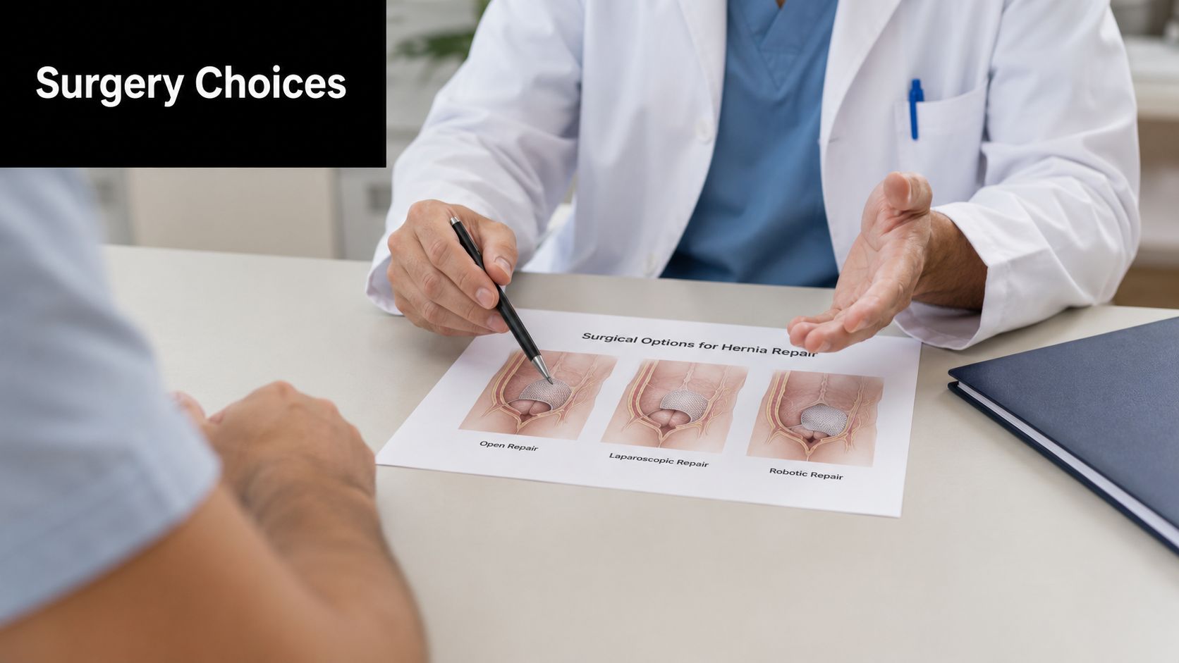A doctor explaining hernia repair surgical options using an educational diagram to a patient in an office.