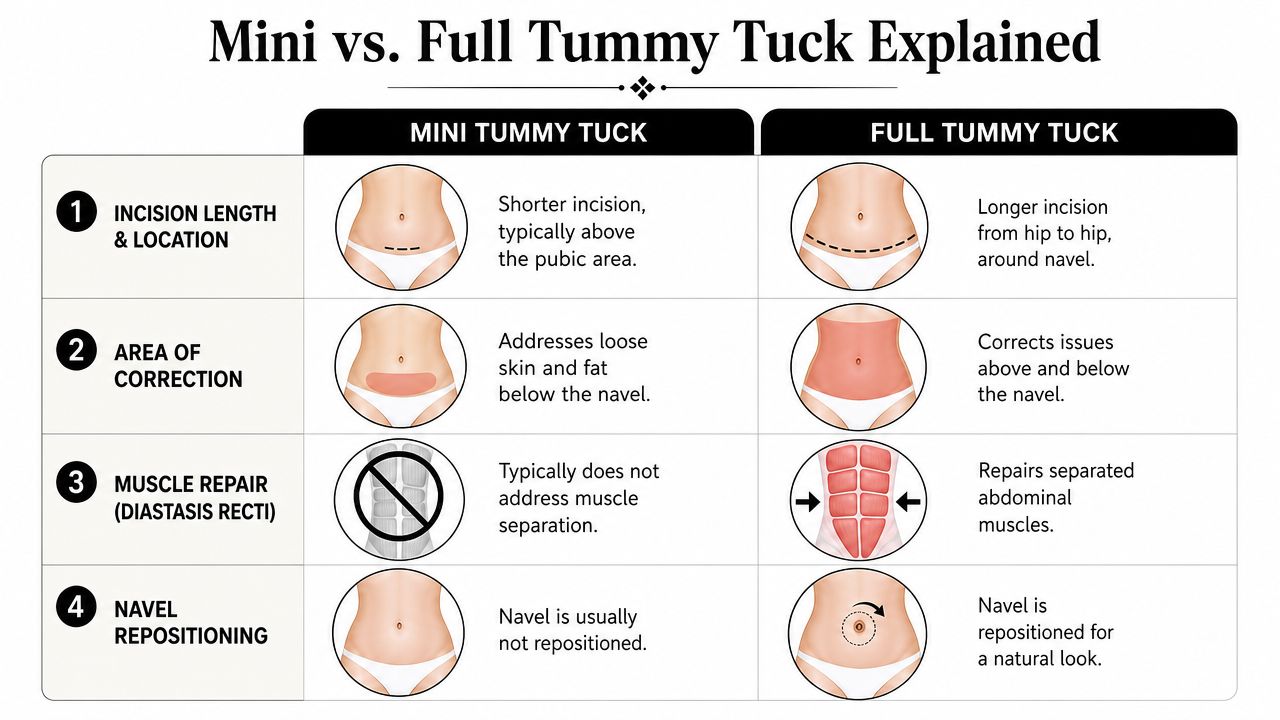 A comparison chart showing the key differences between a mini tummy tuck and a full tummy tuck.