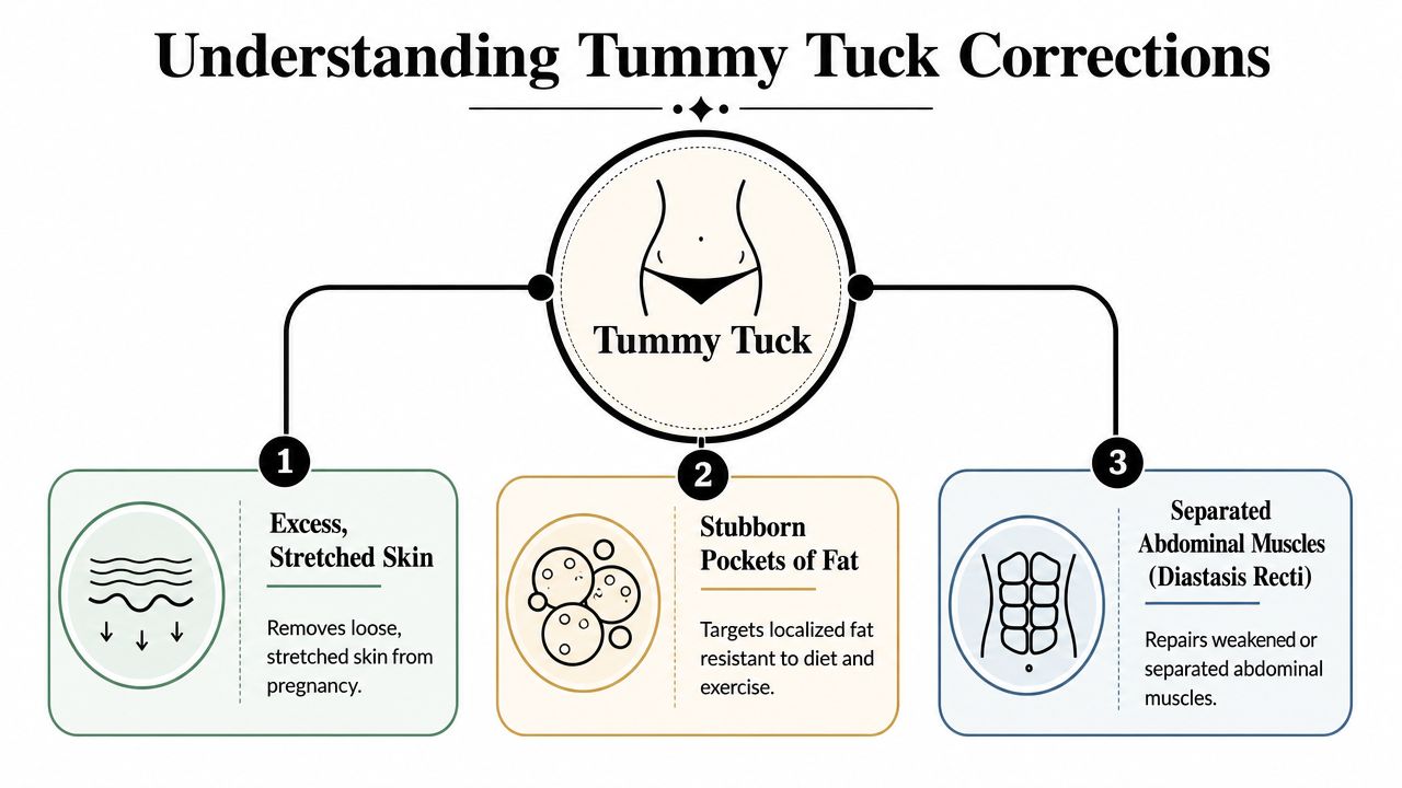 A diagram illustrating the three main physical corrections addressed by a tummy tuck procedure, including skin, fat, and muscles.