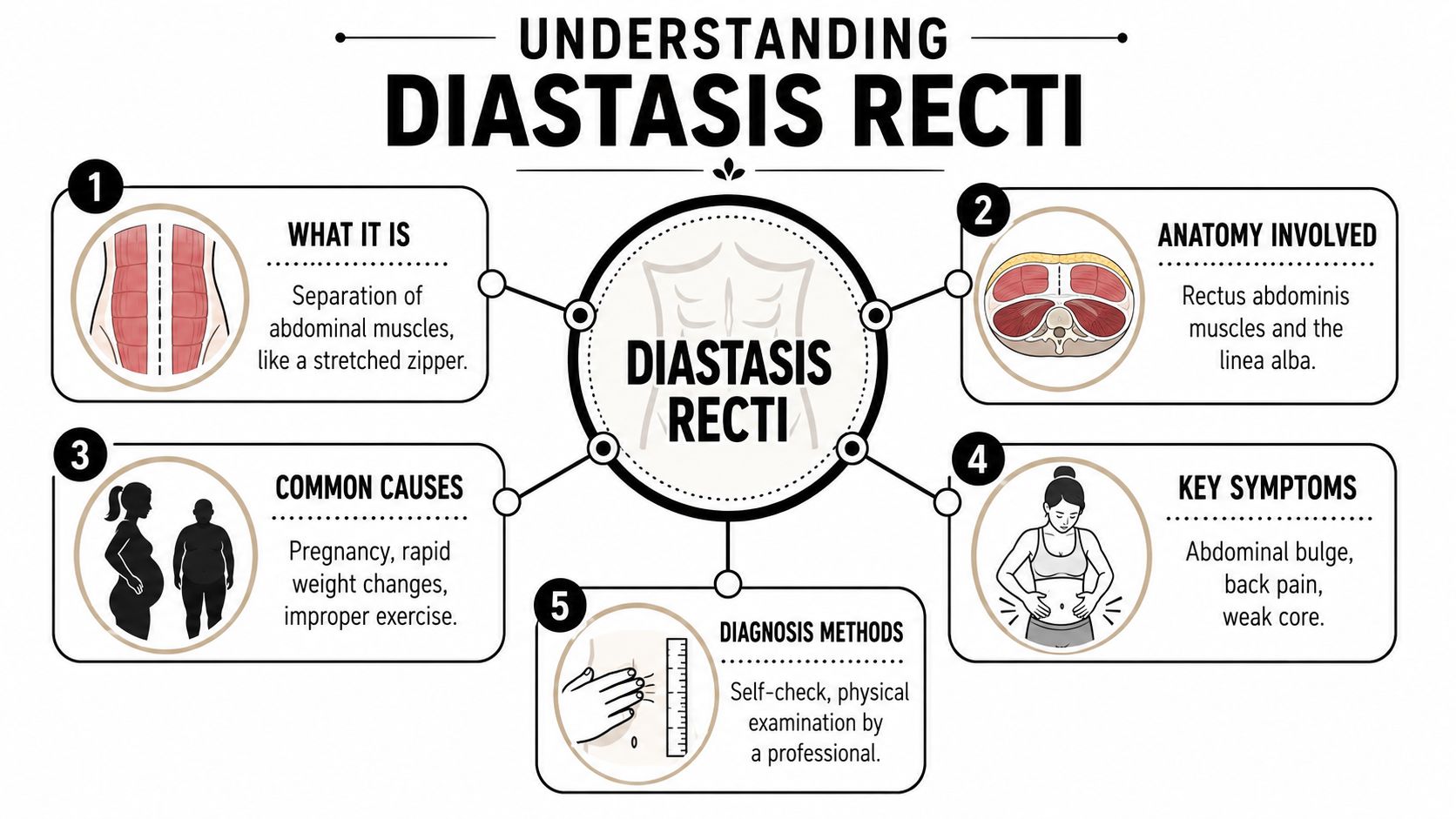 An infographic titled Understanding Diastasis Recti, showing anatomy, causes, symptoms, and diagnosis methods for abdominal muscle separation.