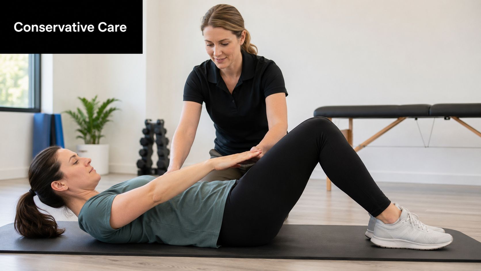 A physical therapist guiding a patient through a core exercise on a mat in a clinic.