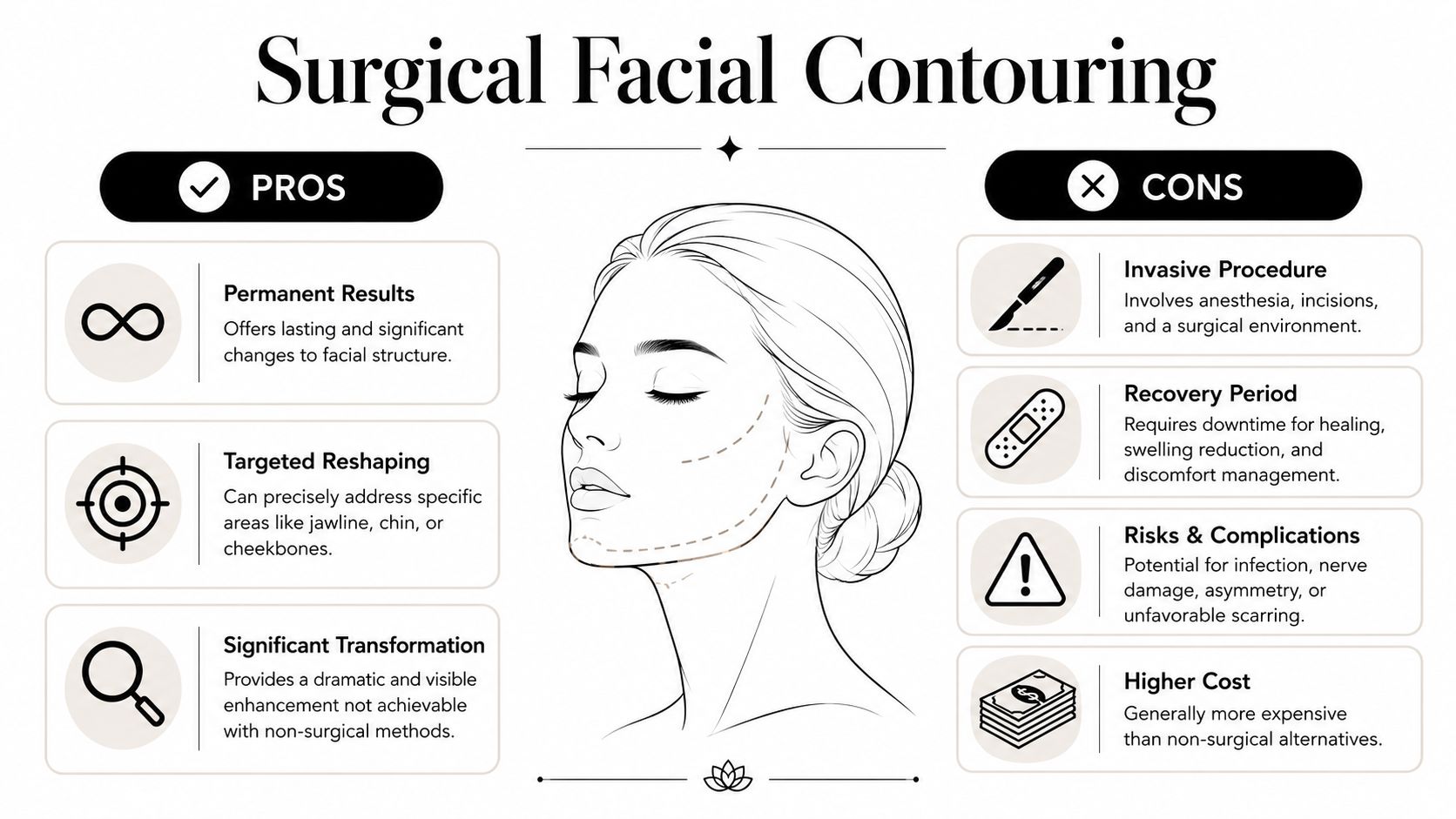 An infographic titled Surgical Facial Contouring outlining the benefits and potential drawbacks of facial plastic surgery procedures.