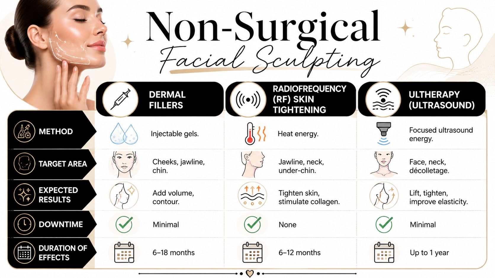 A comparison chart outlining non-surgical facial sculpting procedures including dermal fillers, radiofrequency skin tightening, and ultherapy treatments.