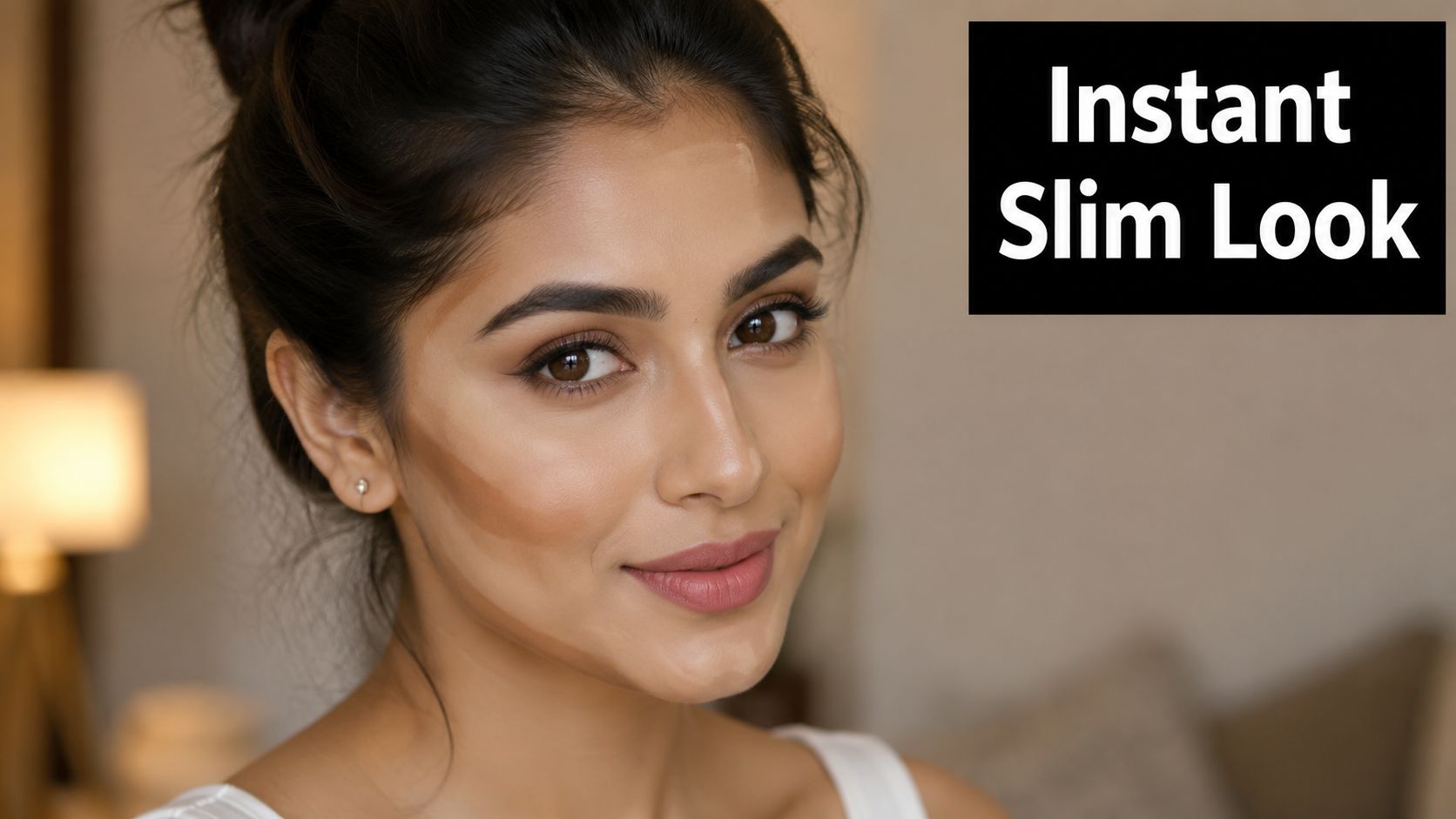 A woman demonstrating how to use makeup contouring techniques to achieve an instant slim face look.