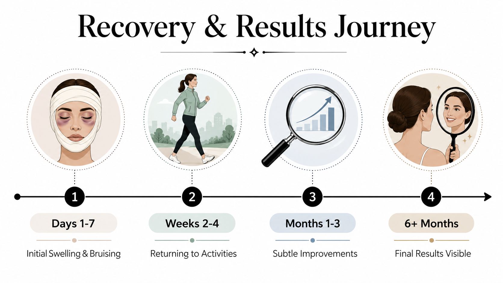An infographic showing the four stages of recovery and results after undergoing a facelift procedure.