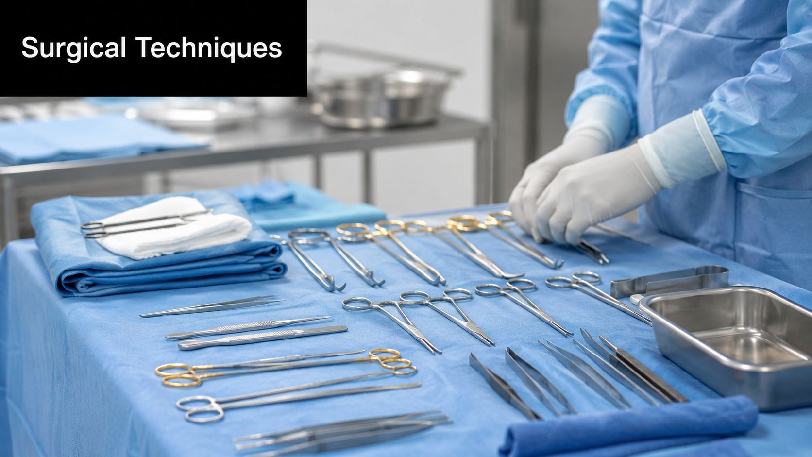 A sterile surgical tray featuring various stainless steel surgical instruments arranged for a medical procedure.