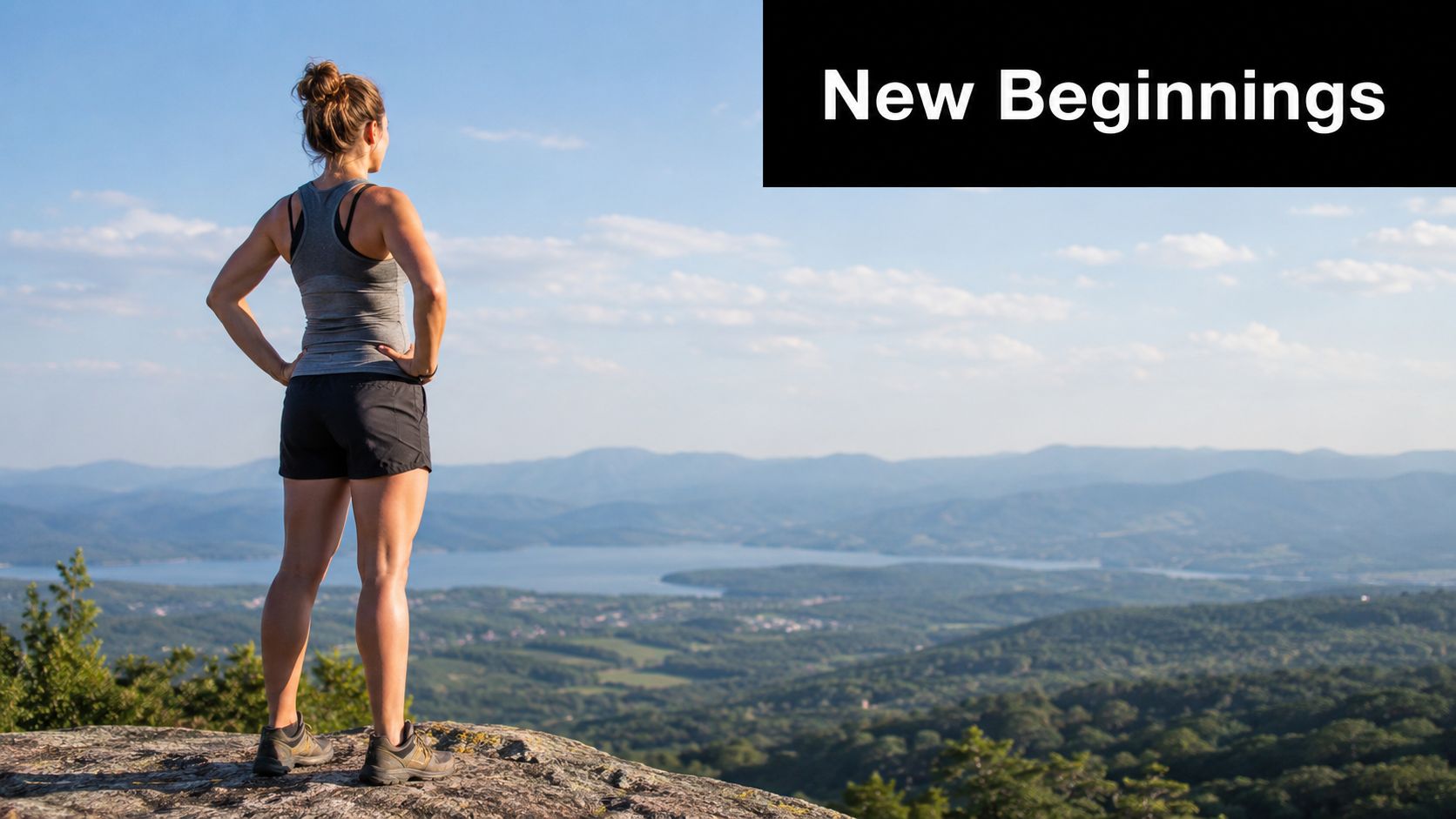 A woman standing on a rocky cliff looking out over a beautiful mountainous landscape and lake.
