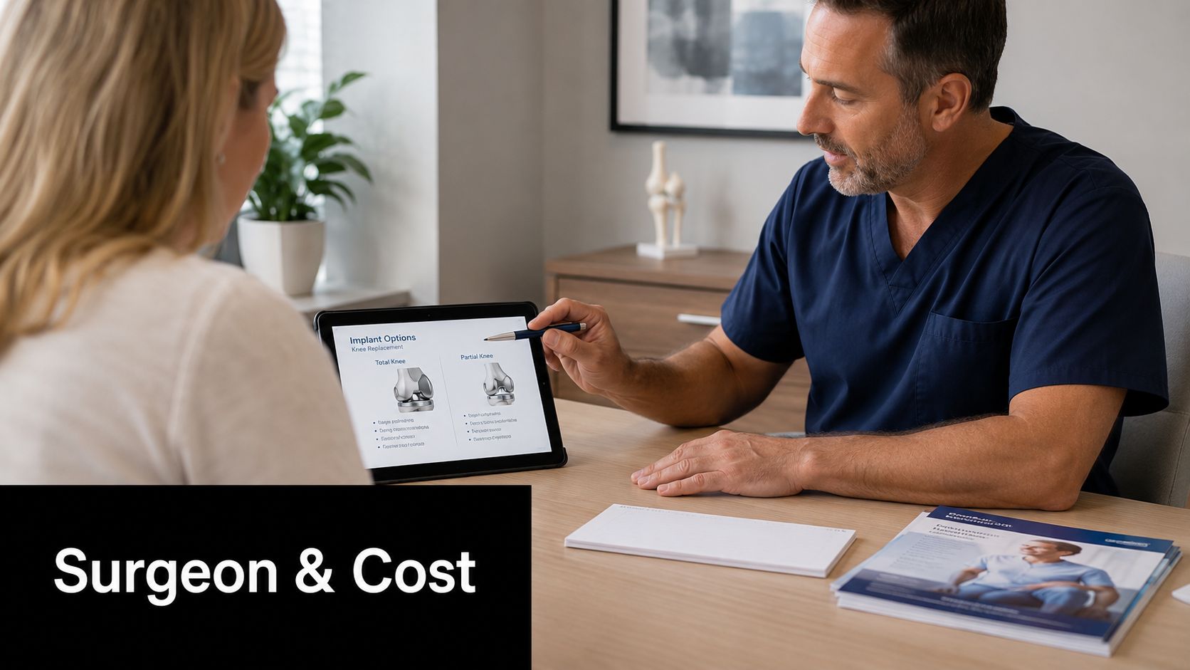A surgeon explaining knee replacement implant options to a patient using a tablet in a clinical office.