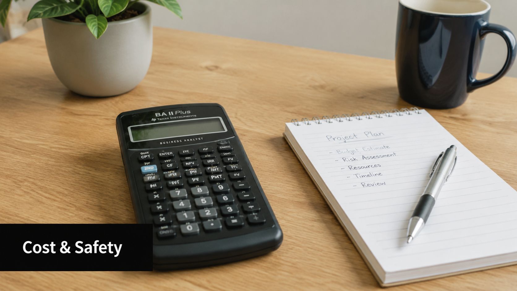 A calculator and a notebook labeled Project Plan sit on a wooden office desk near a plant.
