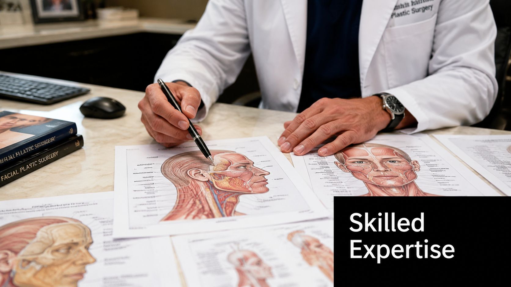 A plastic surgeon in a white coat pointing to an anatomical diagram of a human face.