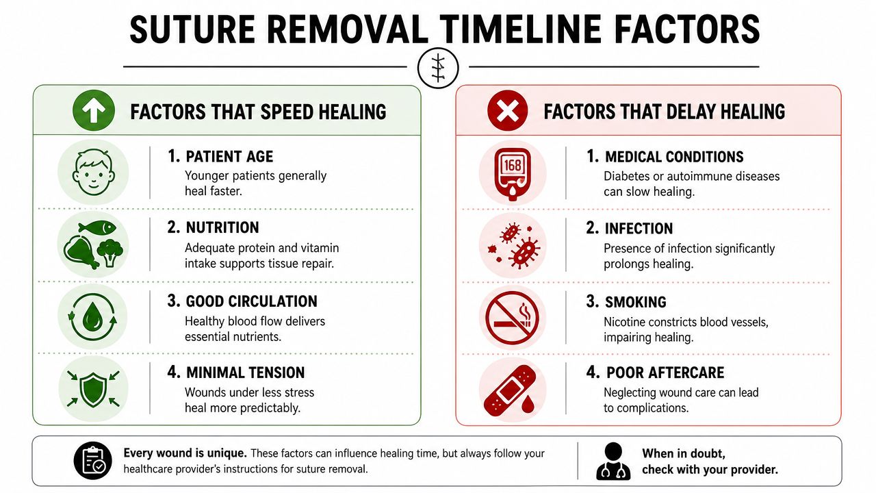 An infographic showing factors that speed up or delay healing for suture removal in patient wounds.