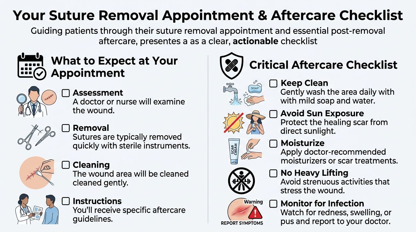 A clear infographic checklist outlining the steps for suture removal appointments and necessary post-removal wound aftercare.