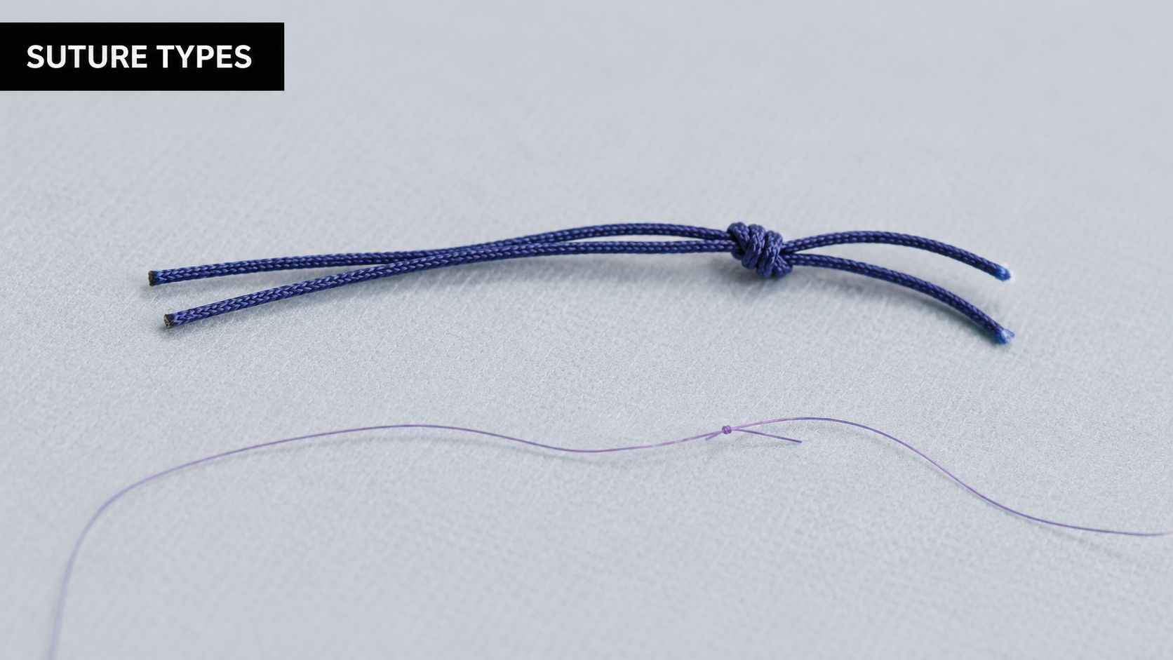 Two types of surgical sutures, one thick braided thread and one thin monofilament, on a plain background.