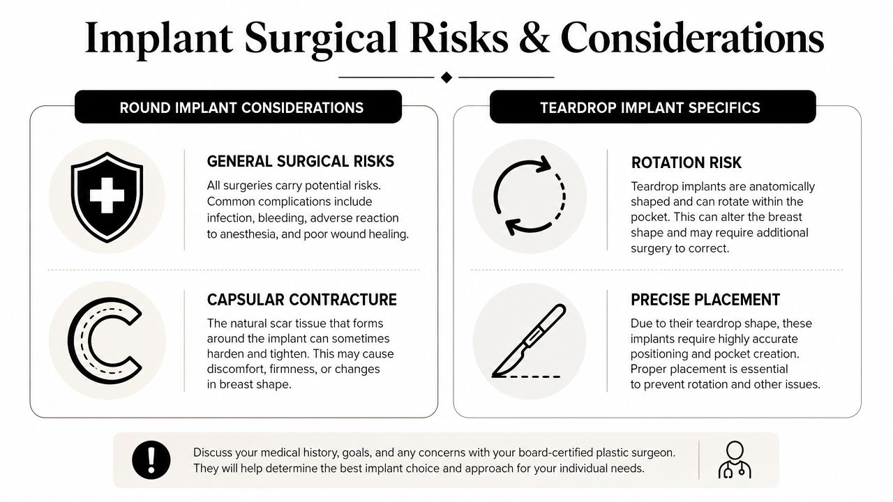 A comparison chart outlining common surgical risks and specific considerations for round and teardrop breast implants.